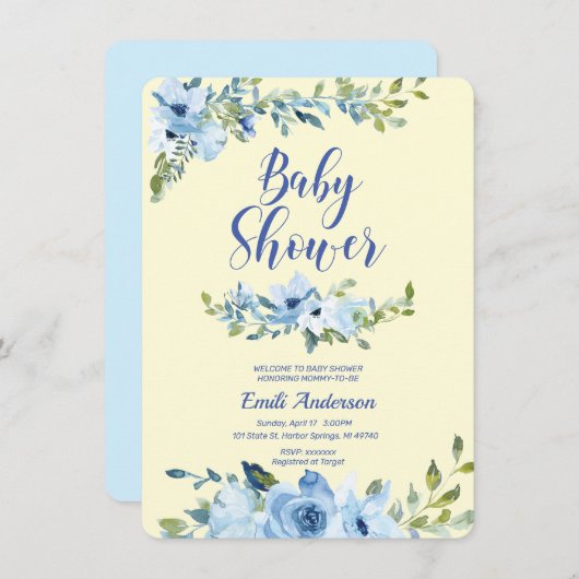 ほこりまみれの青と黄色のベビーシャワー招待状 招待状 (正面/裏面)