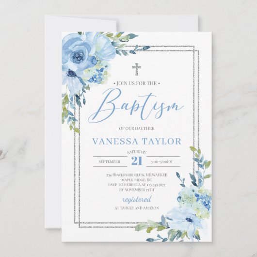 ほこりまモダンり青フローラ銀枠bohoバプテスマ 招待状 (正面)