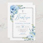 ほこりまモダンり青フローラ銀枠bohoバプテスマ 招待状 (正面/裏面)