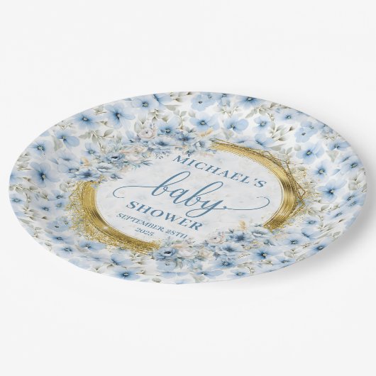 ほこりま魅力的り青い花金ゴールド男の子シャワー ペーパープレート (アングル)