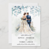 ほこりを含んだ緑のユーカリの結婚式カップルウェディング 招待状 (正面)