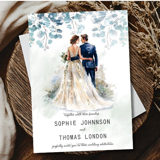 ほこりを含んだ緑のユーカリの結婚式カップルウェディング 招待状