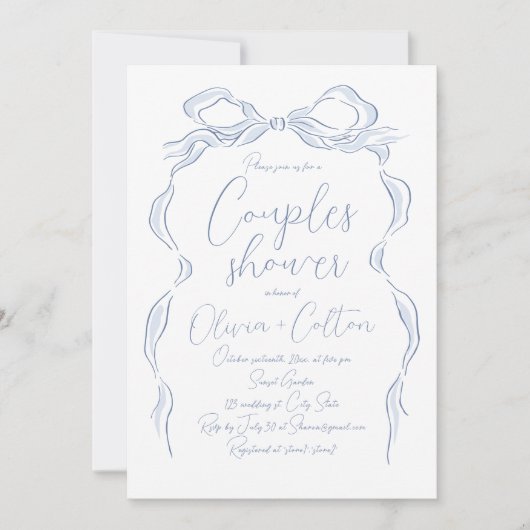 ほこりエレガントの青い手引き弓カップルのシャワー 招待状 (正面)