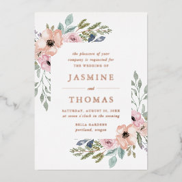 ほこりエレガントバラとピーチフローラ結婚ズ 箔招待状