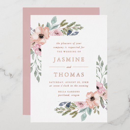 ほこりエレガントバラとピーチフローラ結婚ズ 箔招待状 (正面/裏面)