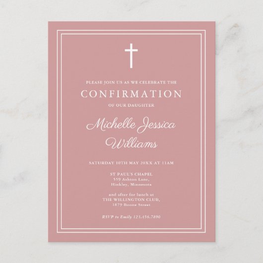 ほこりエレガントバラピンク確認招待状 ポストカード (正面)