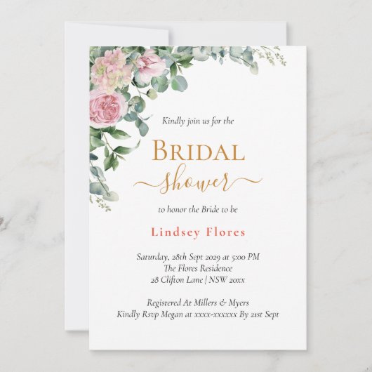 ほこりエレガントバラフローラ素朴ブライダルシャワー 招待状 (正面)