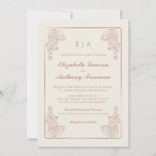 ほこりエレガントバラ植物蘭スケッチ結婚ズ 招待状 (正面)