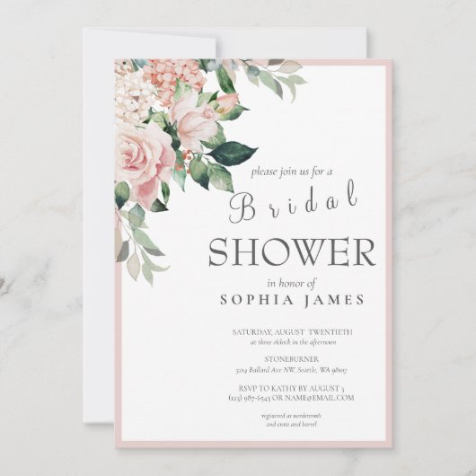 ほこりエレガントバラ赤面牡丹ブライダルシャワー 招待状 (正面)