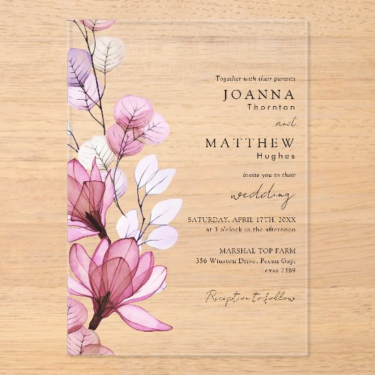 ほこりエレガントバラ透明フローラ結婚ズ アクリル招待状 (正面)