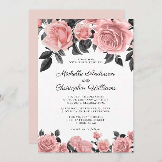 ほこりエレガント赤面ピンクフローラ結婚式招待状 招待状 (正面/裏面)