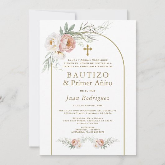 ほこりスペインのバラ花洗礼初誕生日 招待状 (正面)