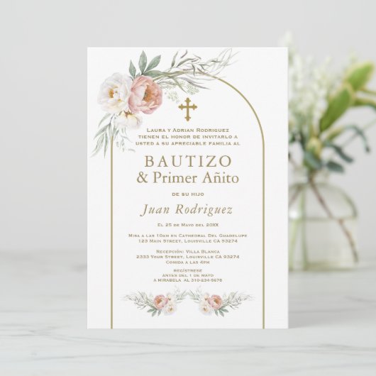 ほこりスペインのバラ花洗礼初誕生日 招待状 (スタンド正面)