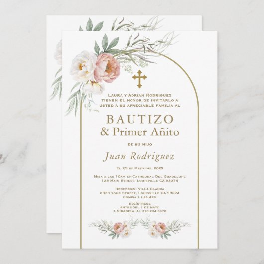 ほこりスペインのバラ花洗礼初誕生日 招待状 (正面/裏面)