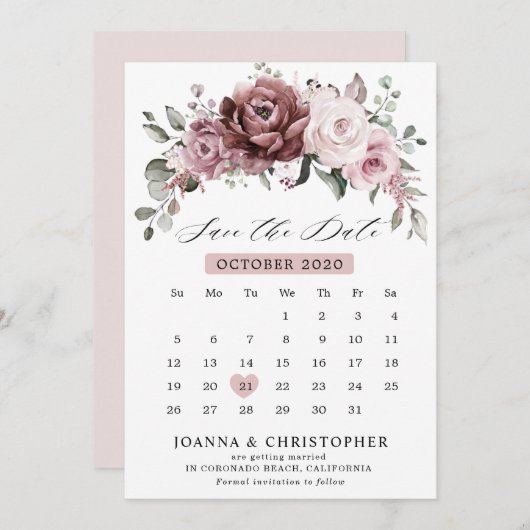 ほこりピンクのバラの花束 ウェディング セーブ・ザ・デート (正面/裏面)
