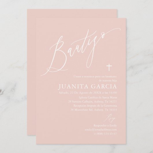 ほこりピンクの女の子の洗礼招待状 招待状 (正面/裏面)