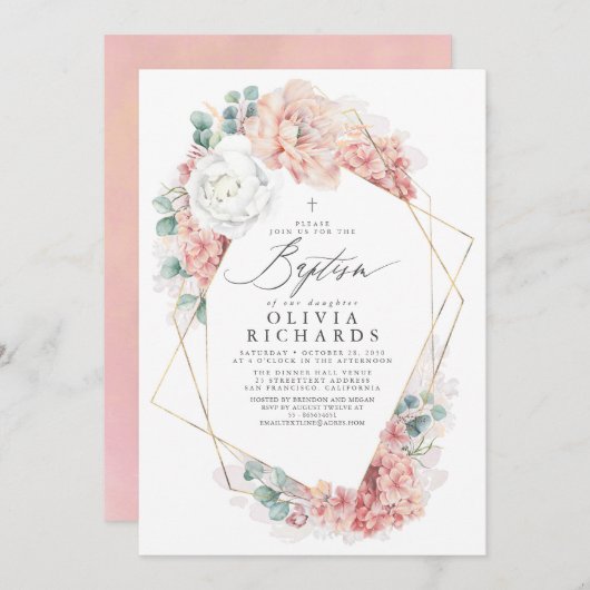 ほこりピンクの花 エレガントな女の子の洗礼招待状 招待状 (正面/裏面)