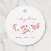 ほこりフェミニンピンク蝶の赤ちゃんガールシャワー フェイバータグ (正面)