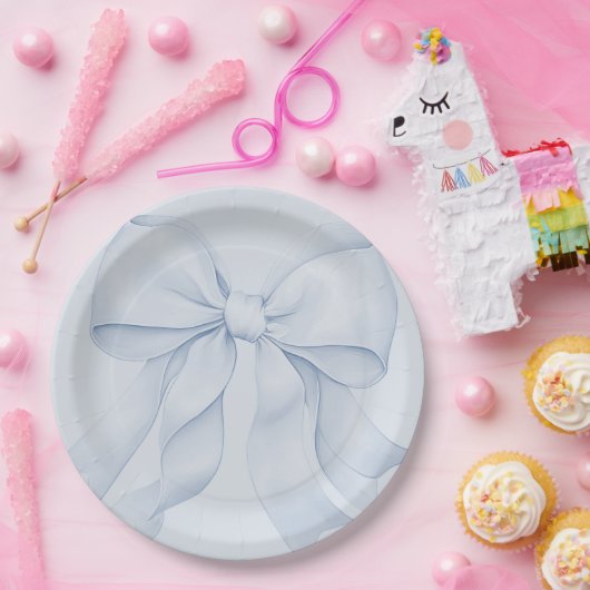 ほこりブルーのリボンエレガントデコ ペーパープレート (パーティー)