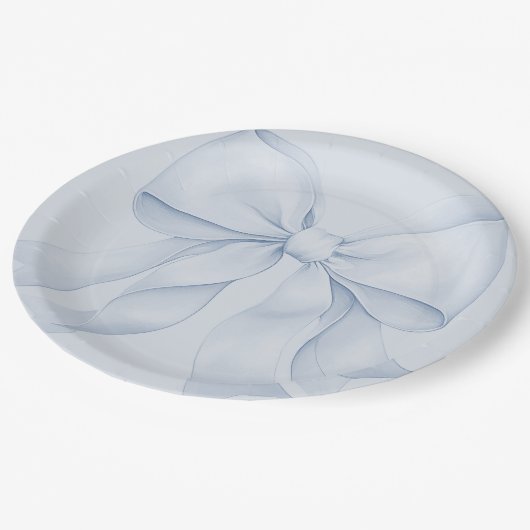 ほこりブルーのリボンエレガントデコ ペーパープレート (アングル)