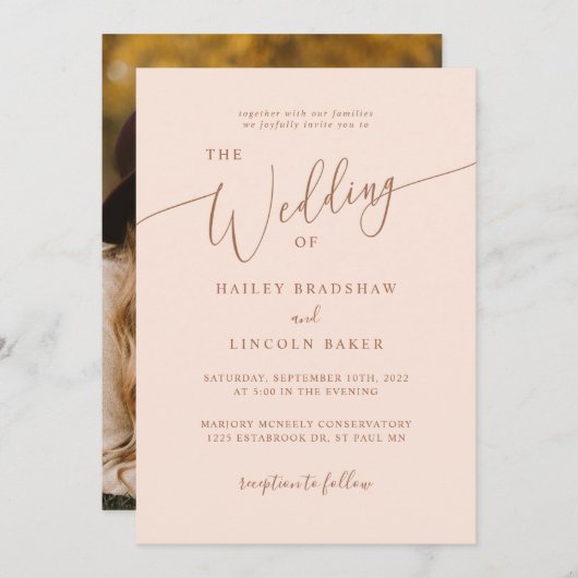 ほこりモダンのミニマルバラ結婚写真 招待状 (正面/裏面)