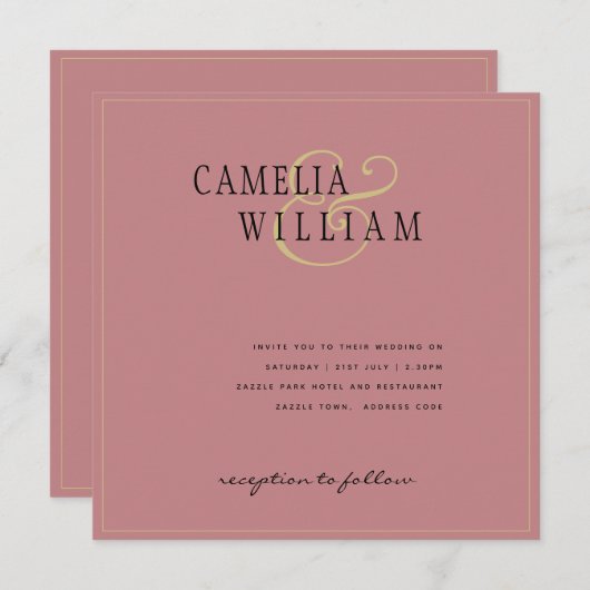 ほこりモダンバラピンク結婚式招待状 (正面/裏面)