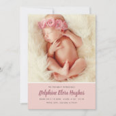 ほこりモダンバラベビーガールフォトコラージュ誕生 案内状 (正面)