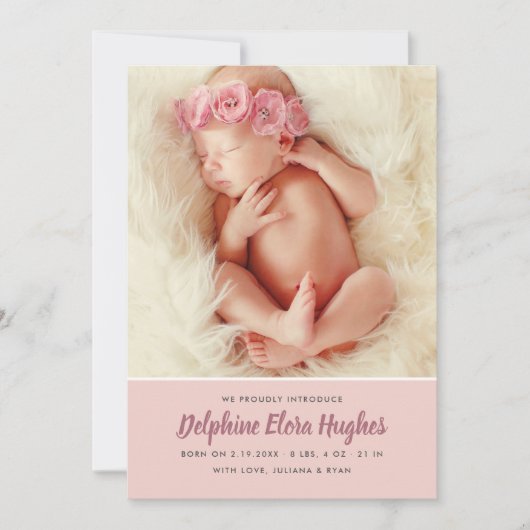 ほこりモダンバラベビーガールフォトコラージュ誕生 案内状 (正面)