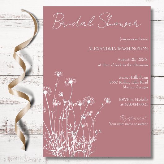 ほこりモダンバラ&ホワイトワイルドフラワーブライダルシャワー 招待状