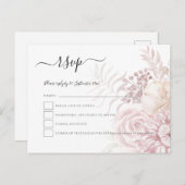 ほこりモダンピンク色の花模様結婚式RSVP インビテーションポストカード (正面/裏面)