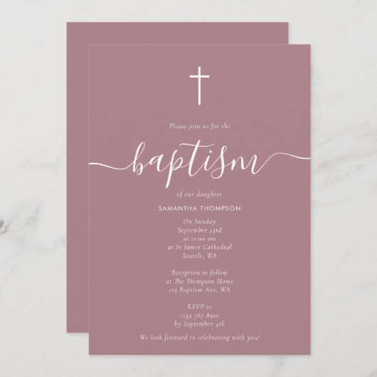 ほこりモダン赤面バラピンク《キリスト教》洗礼式や命名式バプテスマ 招待状 (正面/裏面)