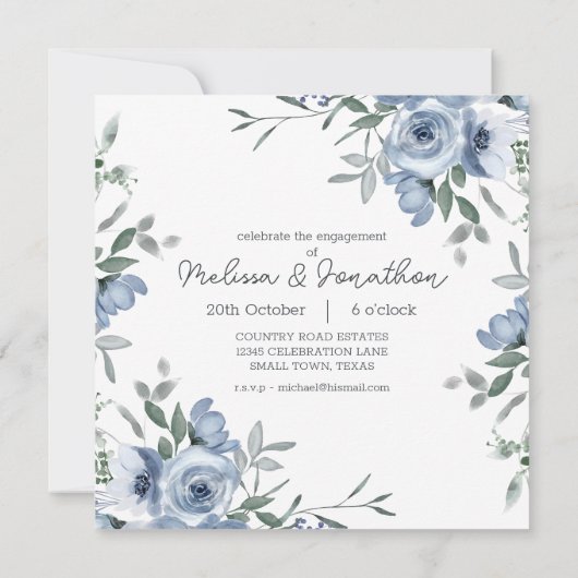 ほこり染みたパステルブルーの花の写真エンゲージメントパーティー (裏面)