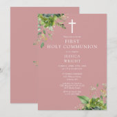 ほこり染みのバラのグリーン モノグラム 初領聖体拝領 招待状 (正面/裏面)