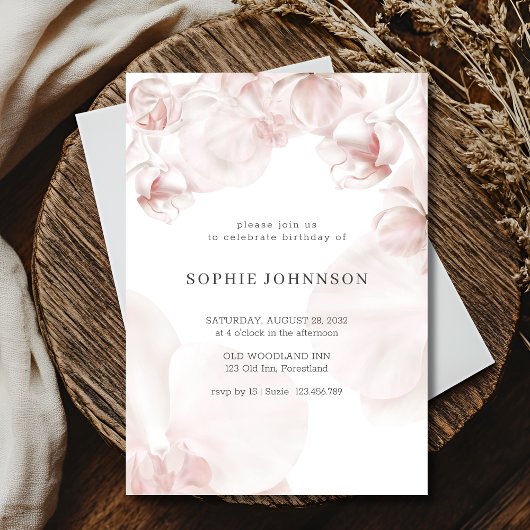 ほこり染みのピンクの蘭の水彩画の誕生日 招待状