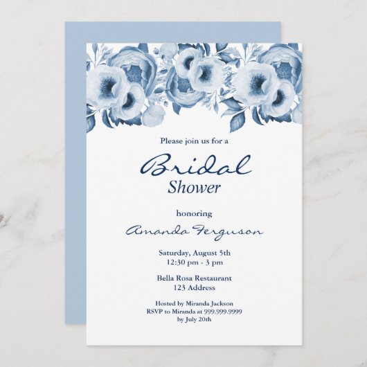 ほこり染みの青い水彩花の白いウェディングシャワー 招待状 (正面/裏面)