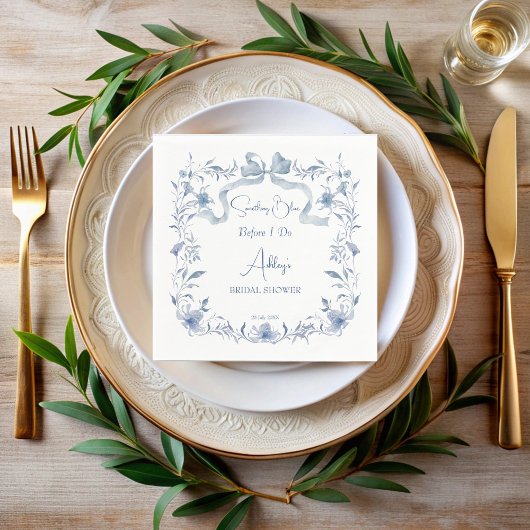 ほこり染みの青い花のリボン エレガントな結婚前祝賀会 スタンダードカクテルナプキン