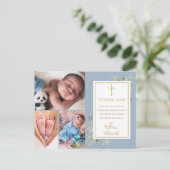 ほこり染みの青い葉の写真コラージュ 洗礼感謝祭 ポストカード (スタンド正面)