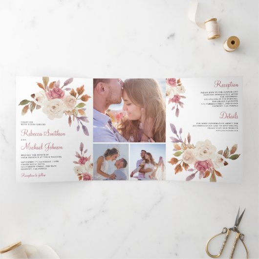 ほこり素朴バラピンクとアイボリーフローラ結婚ズ 三つ折り招待状 (内部)