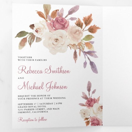 ほこり素朴バラピンクとアイボリーフローラ結婚ズ 三つ折り招待状 (内部最初)