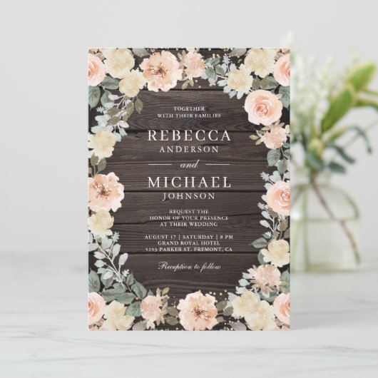 ほこり素朴ピーチフローラQRコードウッド結婚ズ 招待状 (スタンド正面)