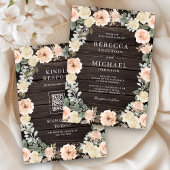 ほこり素朴ピーチフローラQRコードウッド結婚ズ 招待状