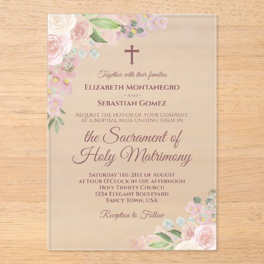 ほこエレガントのバラフローラモダンカソリッ結婚クス アクリル招待状 (正面)