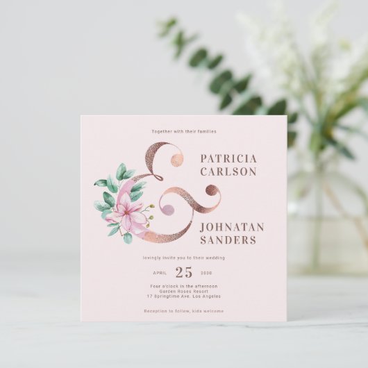 ほこエレガントモダンしたピンクの金ゴールド結婚フローラ 招待状 (スタンド正面)