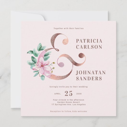 ほこエレガントモダンしたピンクの金ゴールド結婚フローラ 招待状 (正面)