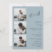 ほこモダンの青カジュアルいイニシャル結婚写真 招待状 (正面)