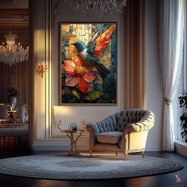 ほこ鮮やかり鳥とステンドグラスの花 ポスター