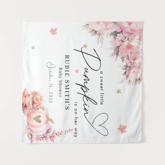 ほっこりピンクのパンプキン ゴールドリーフの女の子ベイビーシャワー タペストリー (正面(横))