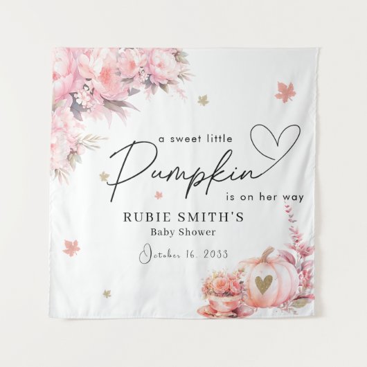ほっこりピンクのパンプキン ゴールドリーフの女の子ベイビーシャワー タペストリー (正面)