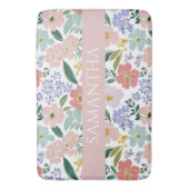 ほっこりピンクのワイルドフラワー水彩ネーム バスマット (正面縦)
