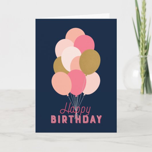 ほっこりピンクの偽金風船 青い背景のハッピーバースデーカード カード (正面)